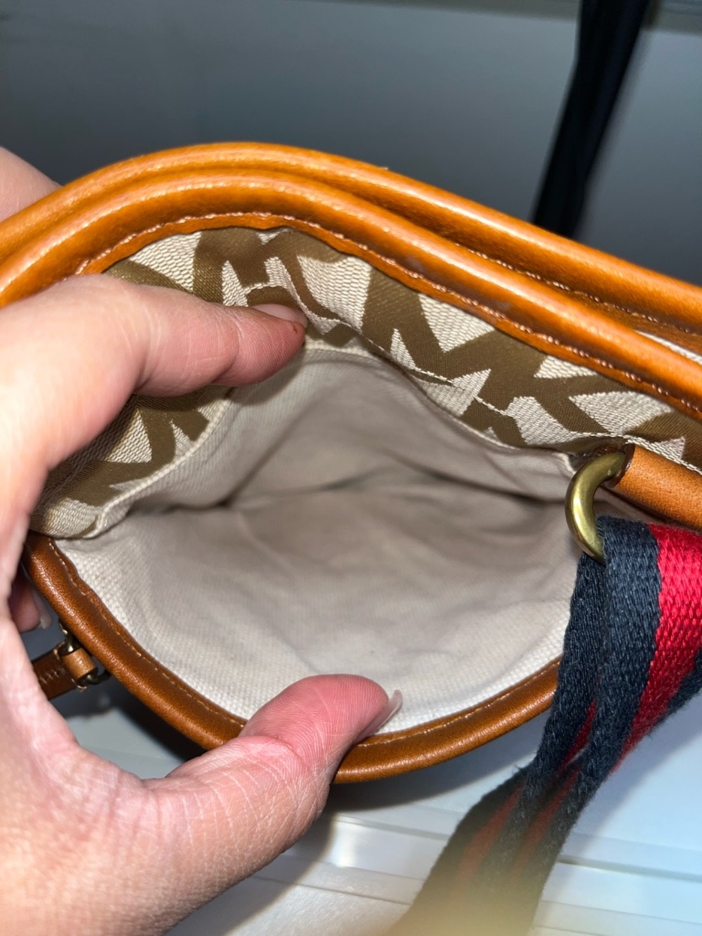 Michael Kors Beige MK Monogram Crossbody with Brown Trim and Black-Red Strap - Picture 8 of 9